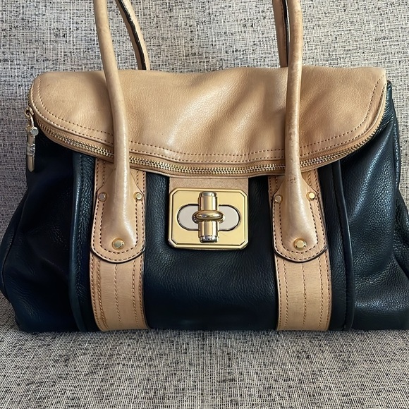 B. Makowsky Rockefeller Leather Satchel Black and Tan - Picture 2 of 15